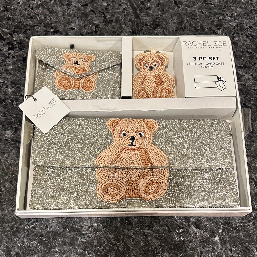Rachel Zoe Silver and Tan Beaded Clutch Set